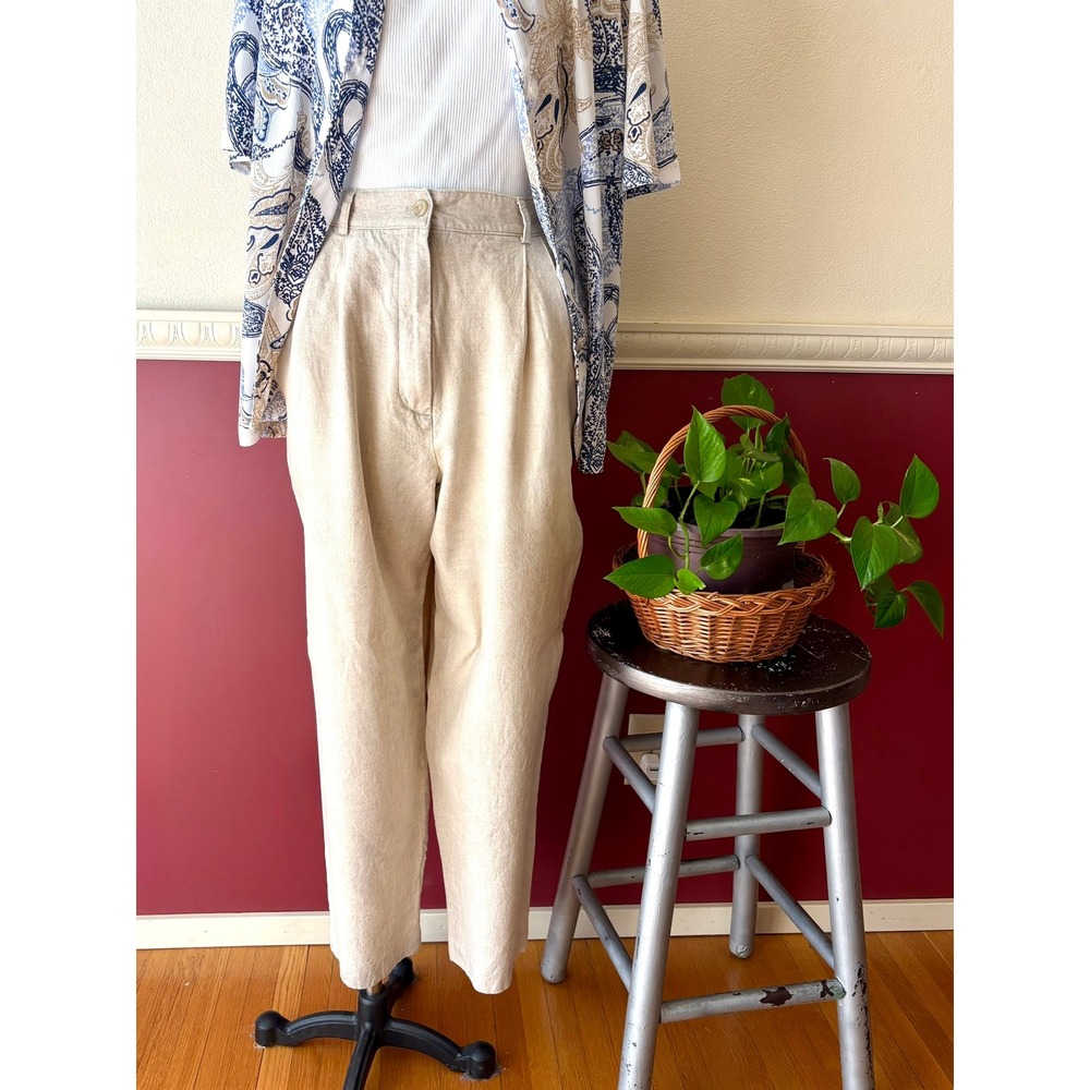 Vintage Bice Linen Blend High Waist Pleated Ankle Pants Beige Sz M Retro Grunge